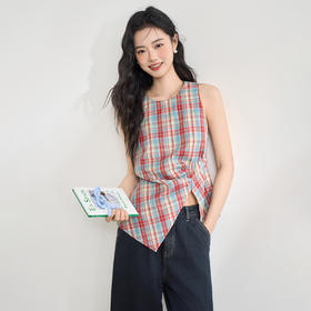 【复古多巴胺】不规则设计感彩色格子衬衣女夏季背心上衣V1050592
