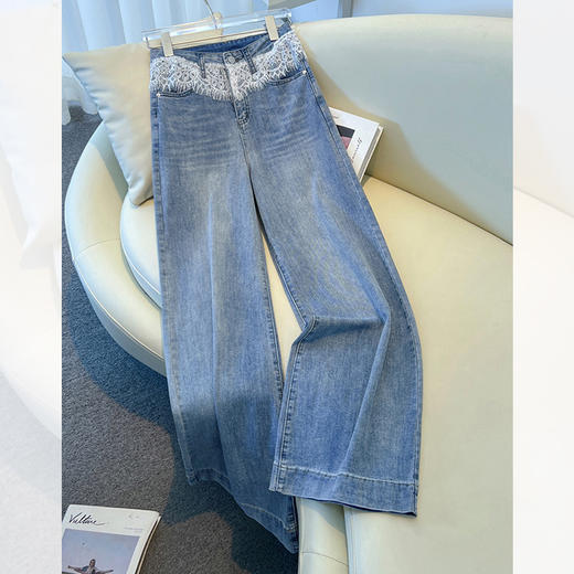 丁摩 蕾丝阔腿牛仔裤女春秋季新款高腰显瘦拖地裤垂感浅色直筒裤子5ZF-8073 商品图5