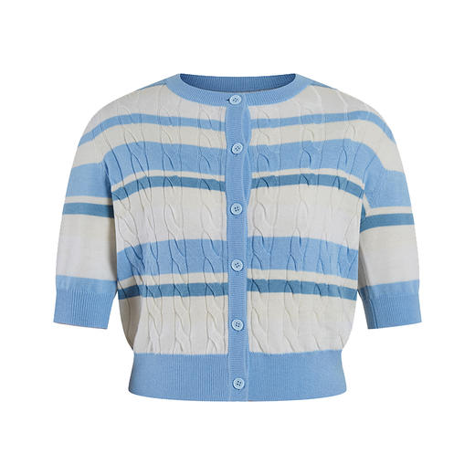 HeyDress法式绞花条纹针织开衫女夏季宽松气质短款蓝色泡泡袖上衣 商品图4