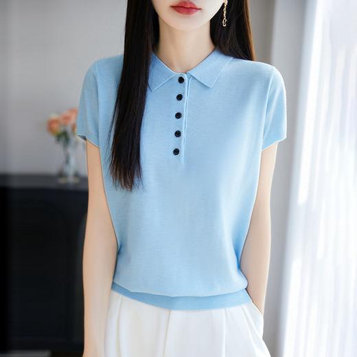 丁摩桑蚕丝羊毛半开扣POLO领短袖T恤女纯色打底翻领薄款透气气质上衣AL5029 商品图2
