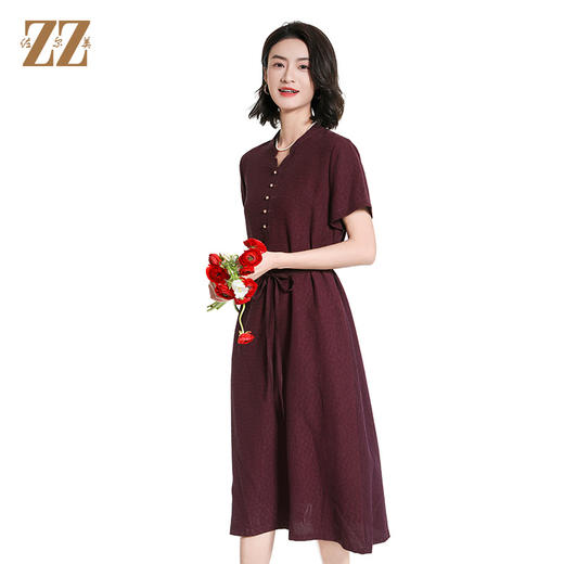 佐尔美夏季新款新中式国风100%桑蚕丝莨绸短袖连衣裙女M42LS07 商品图2