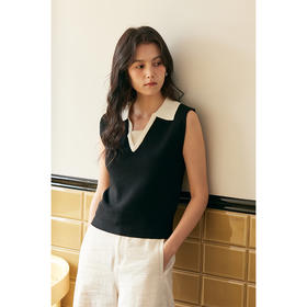 HeyDres撞色翻领针织背心女夏季复古宽松内搭新款外穿无袖短上衣