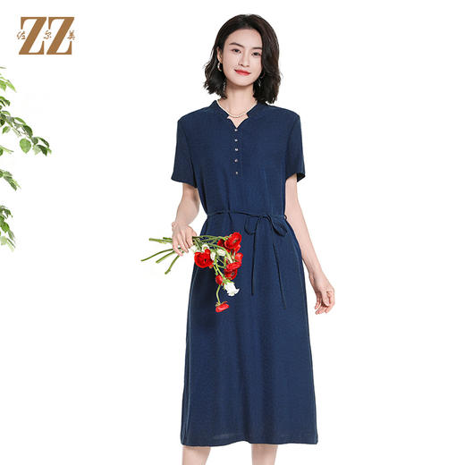 佐尔美夏季新款新中式国风100%桑蚕丝莨绸短袖连衣裙女M42LS07 商品图4