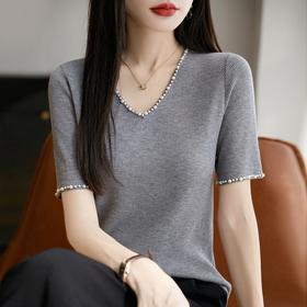 雀说法式钉珠V领短袖T恤新款修身精纺薄针织衫小性感半袖上衣AL2575