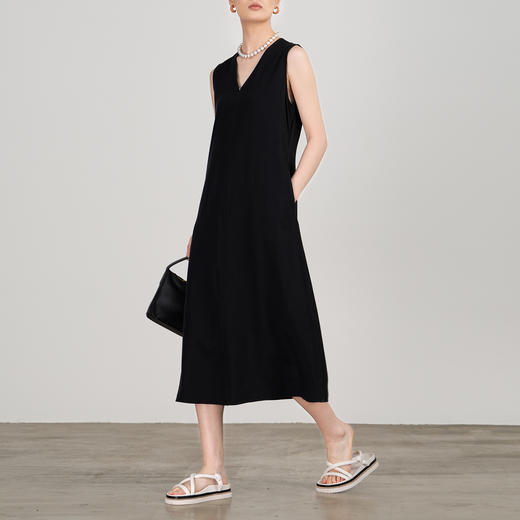 丁摩 奢品~柜上 透气莱赛尔亚麻混纺V领廓形无袖连衣裙5ZF-45023 商品图0