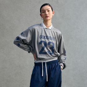 GOODBAI 23编号logo星星印花撞色圆领网面长袖卫衣