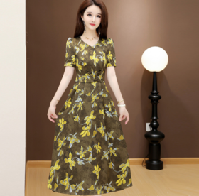 QYM 25AV52-Y碎花裙气质高腰短袖A字裙连衣裙