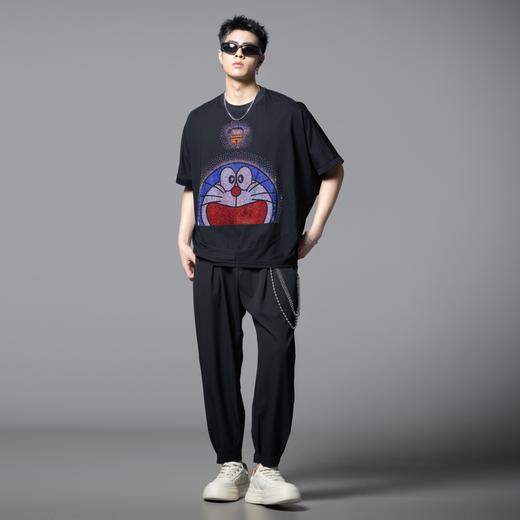 PINLI品立2025夏季新款男士宽松廓形哆啦A梦烫钻圆领短袖T恤上衣BG252111055 商品图4