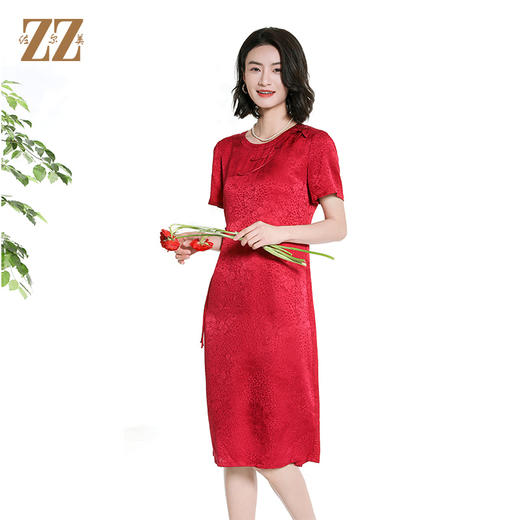 佐尔美夏季新款新中式国风时尚气质100桑蚕丝短袖连衣裙女M42LS24 商品图0