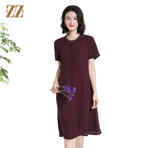 佐尔美夏季新款新中式国风时尚气质100桑蚕丝短袖连衣裙女M42LS22 商品图0
