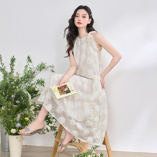 优雅重工满幅立体玫瑰连衣裙女挂脖露肩系带A字长裙V0550198 商品图0