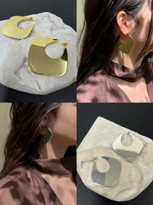 HIDEMI 极简设计感几何流线感菱形镀银百搭大耳环 金色/银色 商品图2