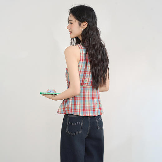 【复古多巴胺】不规则设计感彩色格子衬衣女夏季背心上衣V1050592 商品图4