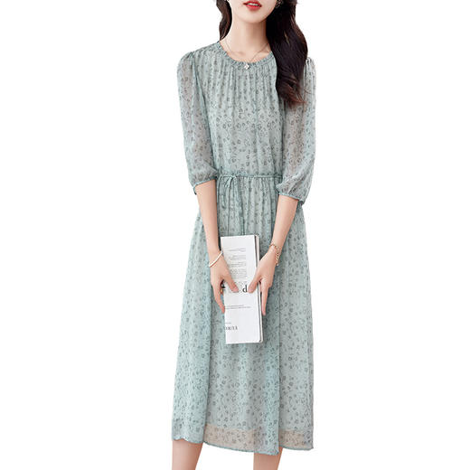 丁摩 法式碎花真丝连衣裙新款夏季圆领印花优雅飘逸桑蚕丝A字长裙5ZF-0083 商品图4