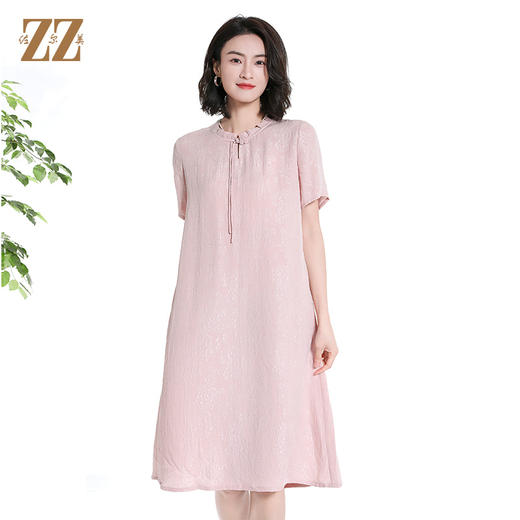 佐尔美夏季新款新中式国风100%桑蚕丝短袖连衣裙女M42LS18 商品图0