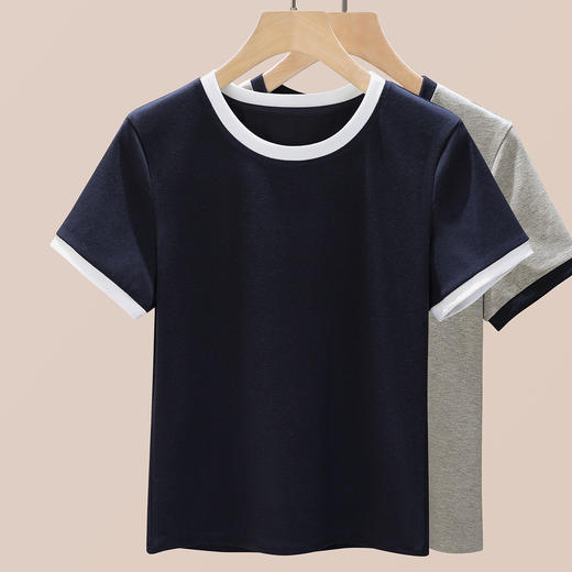 丁摩 盐系撞色拼接弹力正肩上衣新款高端灰色圆领短袖t恤女夏季5ZF-719 商品图2