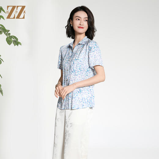 佐尔美夏季新款新中式国风时尚气质桑蚕丝短袖衬衣女M42CS26 商品图2