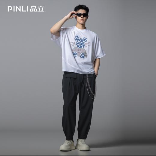 PINLI品立2025夏季新款小熊字母烫钻烫布圆领短袖T恤上衣体恤男士BG252111054 商品图1