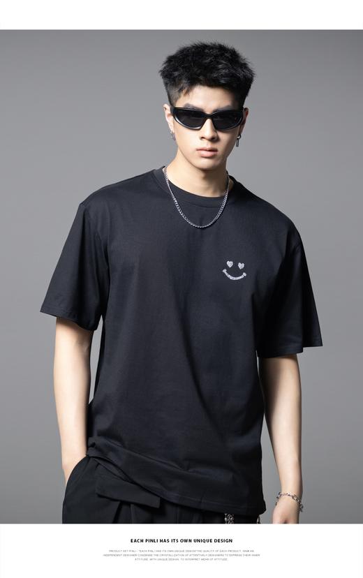 PINLI品立2025夏季新款男士笑脸烫钻圆领短袖T恤上衣BG252111056 商品图0