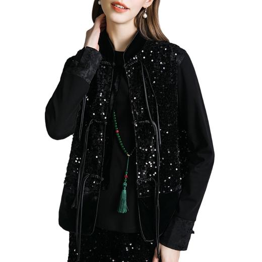 丁摩 黑色新中式上衣高级感缎面拼接春季新款提花国风盘扣圆领t恤5ZF-6558 商品图4