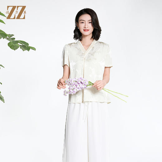 佐尔美夏季新款新中式国风时尚气质100%桑蚕丝短袖衬衣女M42CS97 商品图3