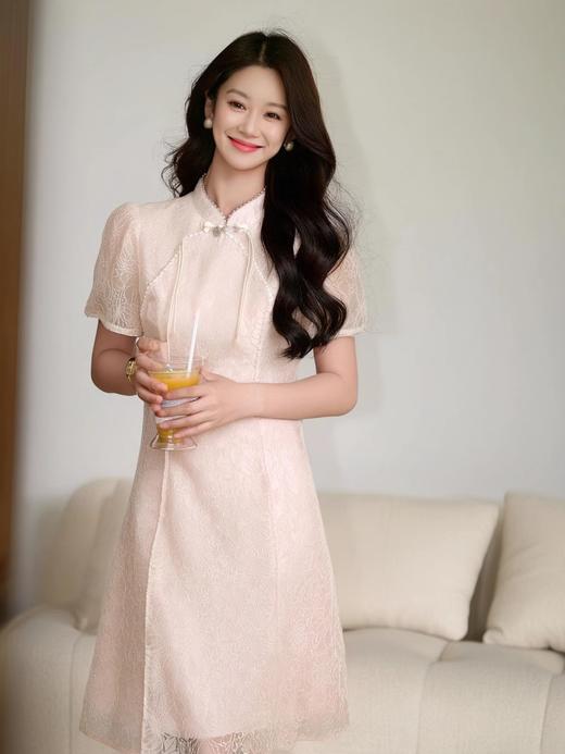 奢姿大码女装2025夏季胖妹妹时尚气质优雅复古短袖蕾丝立领连衣裙9952853316 商品图3