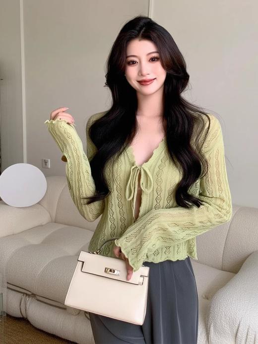 奢姿大码女装2025夏季时尚系带设计气质镂空上衣胖妹妹V领开衫9652353216A 商品图1