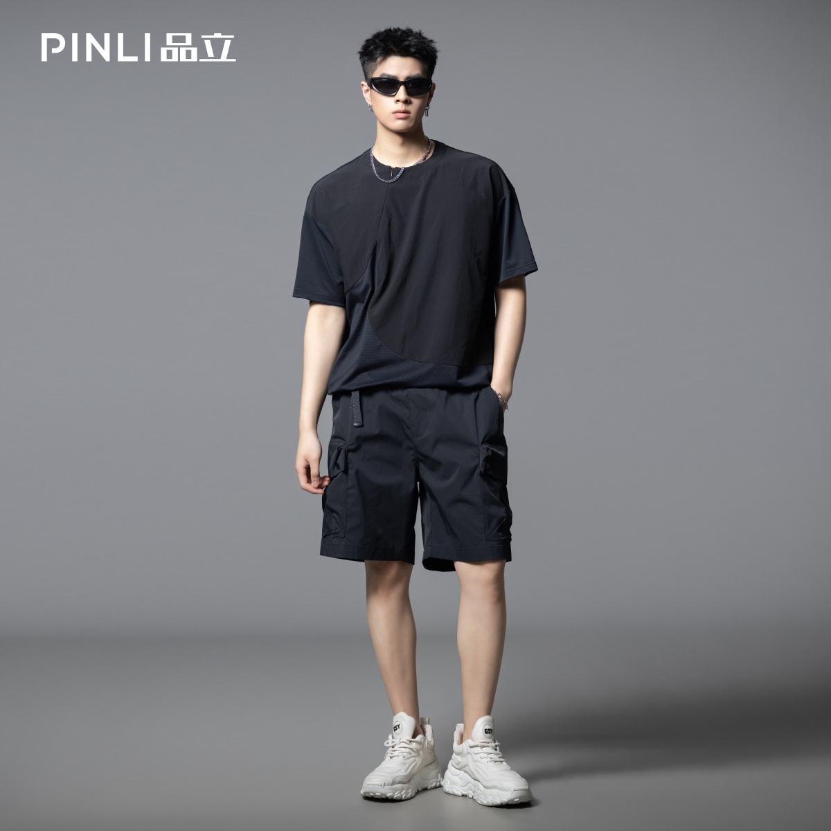 PINLI品立2025夏季新款男士拼接宽松廓形短袖T恤潮流纯色百搭上衣B252111033