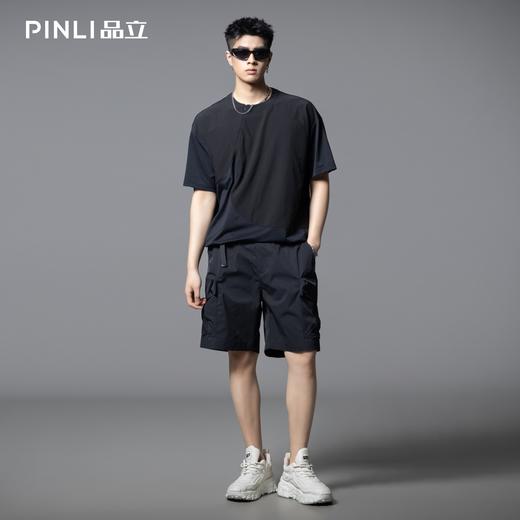 PINLI品立2025夏季新款男士拼接宽松廓形短袖T恤潮流纯色百搭上衣B252111033 商品图0