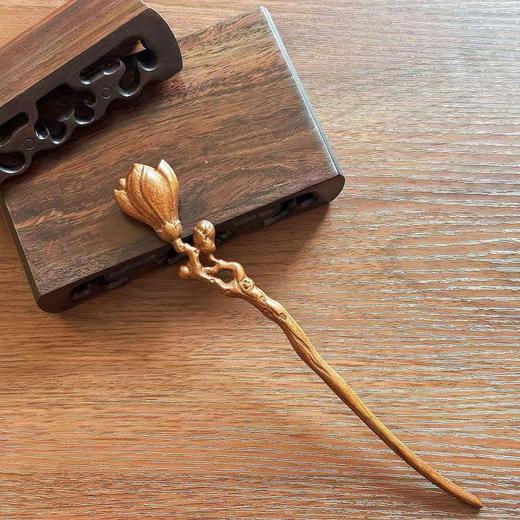 玉兰花金丝中式檀木雕刻简约汉服盘发簪子古风发饰发簪头饰古典 商品图4