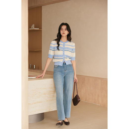 HeyDress法式绞花条纹针织开衫女夏季宽松气质短款蓝色泡泡袖上衣 商品图2