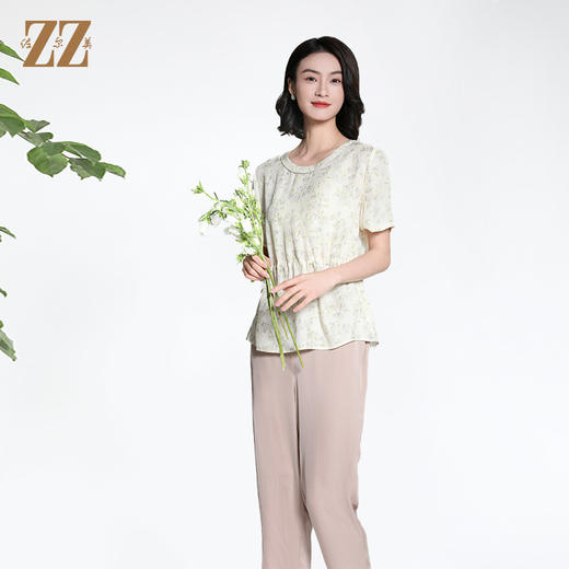佐尔美夏季新款新中式国风时尚气质桑蚕丝短袖衬衣女M42CS90 商品图0