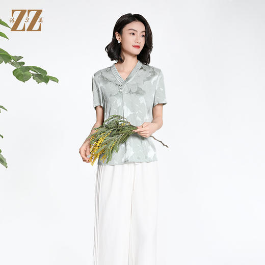 佐尔美夏季新款新中式国风时尚气质100%桑蚕丝短袖衬衣女M42CS97 商品图2