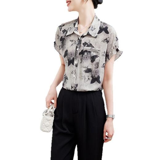 丁摩新款夏季上衣职业通勤大众设计印花真丝衬衫女桑蚕丝短袖衬衣AL120020 商品图4
