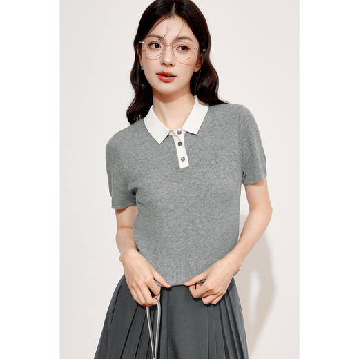 【商场同款】诗凡黎灰色莱赛尔polo领针织衫2024秋新款3F7731761 商品图0