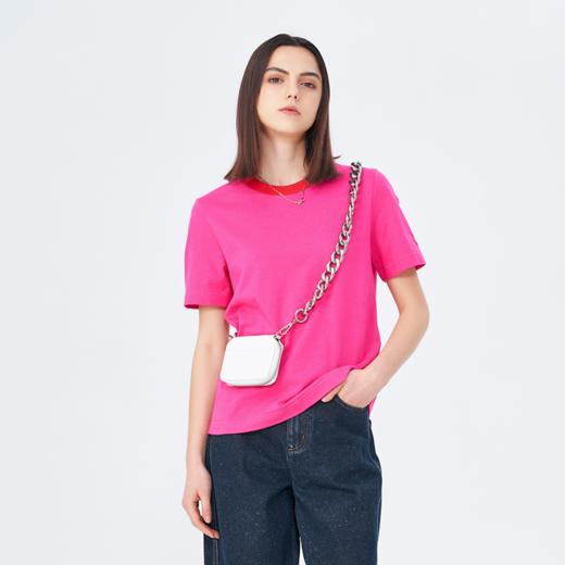 SELFWHO火龙果红纯棉短袖T恤女装夏季新款圆领宽松小个子正肩上衣 商品图0