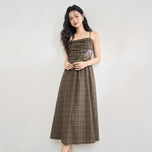 美拉德法式复古格纹吊带裙女夏季收褶打揽收腰连衣裙V1050584 商品图3