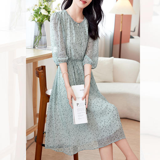 丁摩 法式碎花真丝连衣裙新款夏季圆领印花优雅飘逸桑蚕丝A字长裙5ZF-0083 商品图2