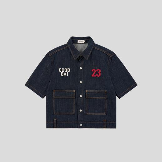 GOODBAI 粗体23 logo刺绣翻领口袋牛仔短袖外套 商品图1