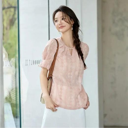 全新升级【铂金会员146/天猫199/差价53】(15550) 洛诗琳2025夏季新款法式薄款温柔短袖上衣粉色T恤上衣 商品图0