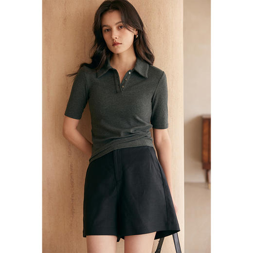 HeyDress法式polo领T恤女夏季复古修身显瘦短袖新款百搭休闲上衣 商品图0