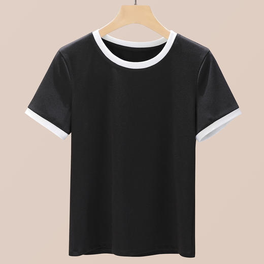 丁摩 盐系撞色拼接弹力正肩上衣新款高端灰色圆领短袖t恤女夏季5ZF-719 商品图8