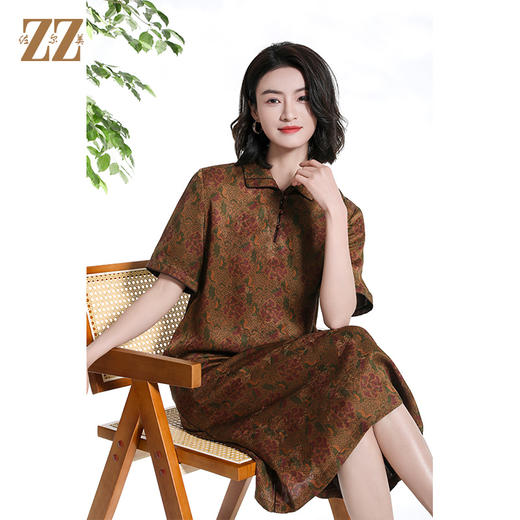 佐尔美夏季新款新中式国风时尚气质桑蚕丝短袖连衣裙女M42LS02 商品图3