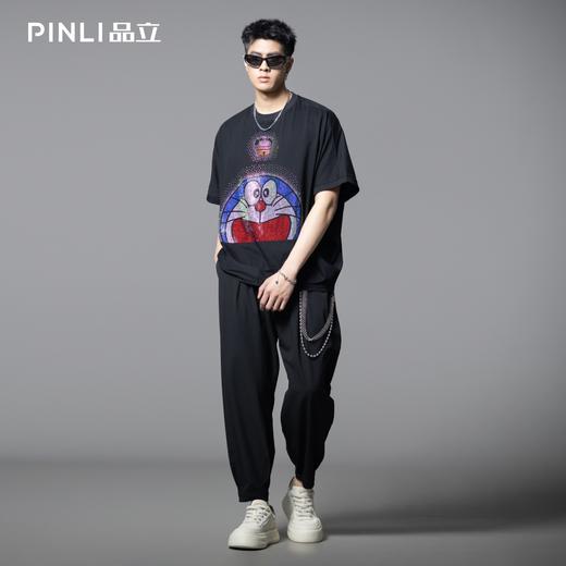 PINLI品立2025夏季新款男士宽松廓形哆啦A梦烫钻圆领短袖T恤上衣BG252111055 商品图1
