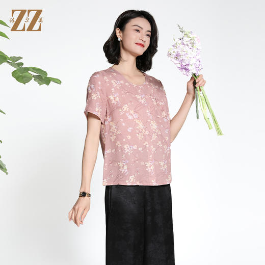 佐尔美夏季新款新中式国风时尚气质桑蚕丝短袖衬衣女M42CS77 商品图2
