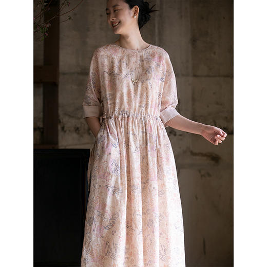 牧衣游原创 丝棉印染连衣裙新品轻薄圆领宽松文艺气质长裙 画舫 商品图3