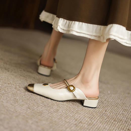 阿么手工女鞋真皮山茶花仙女风半拖鞋外穿2025新款粗跟穆勒鞋3CM 商品图1