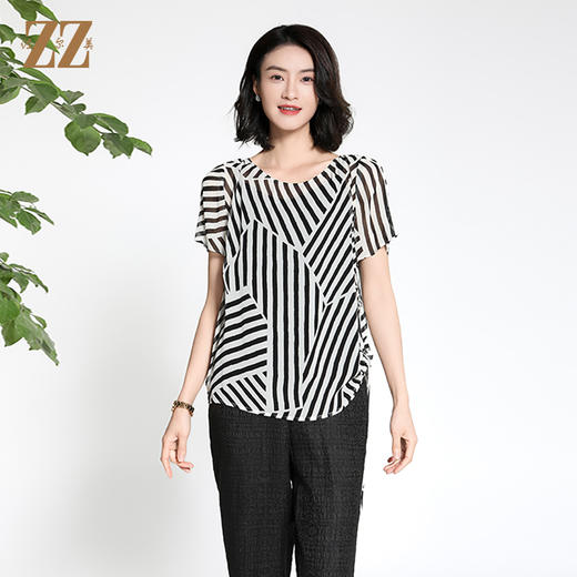 佐尔美夏季新款新中式国风时尚气质桑蚕丝短袖衬衣女M42CS27 商品图0