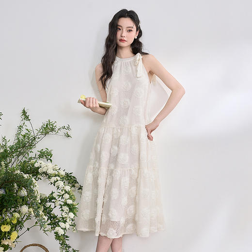 优雅重工满幅立体玫瑰连衣裙女挂脖露肩系带A字长裙V0550198 商品图4