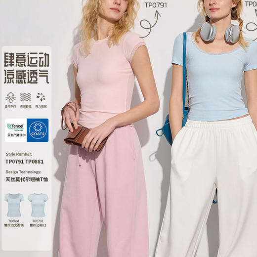 跃牌【周游世界系列】春夏新款圆领蕾丝花边短袖T恤修身打底运动短款健身服TP0791/TP0881 商品图0